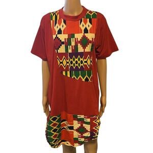 Vintage WAKV African Women T Shirt Dress M/L Red Multicolor Tribal Art Festival